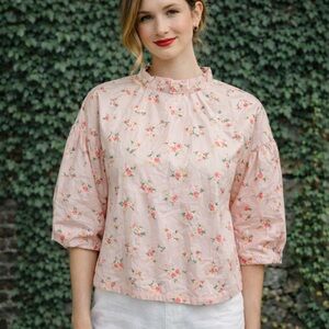 BY ANTHROPOLOGIE Peach Floral Cottagecore Cropped Blouse, L